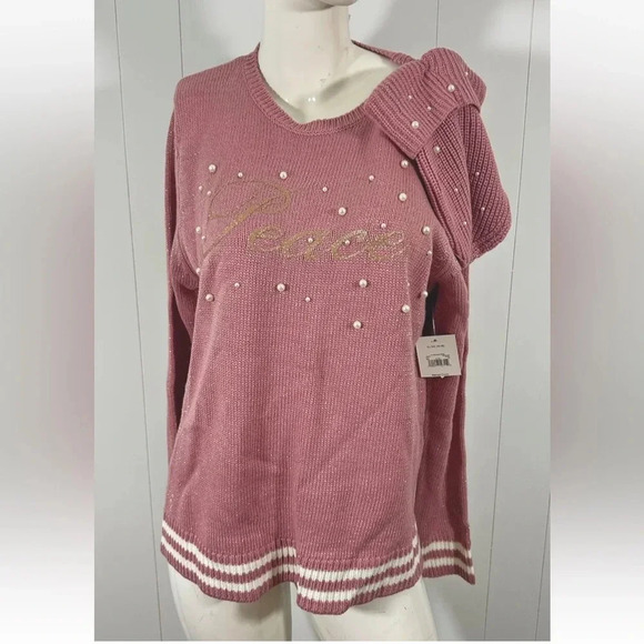 Holiday Time PEACE Ugly Christmas Knit Pink Sweater & Hat Size XL (16-18) - Picture 1 of 7